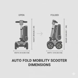 Technical drawing showing the open and folded dimensions of an auto fold mobility scooter.
