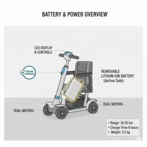 Technical illustration of the lithium battery inside the best lightweight foldable mobility scooter.
