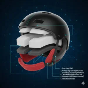 Cross-section view showing the internal EPS foam layers of a high-quality electric scooter helmet for adults.