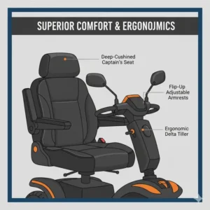 Close-up illustration of the adjustable captain seat on the best heavy duty mobility scooter.
