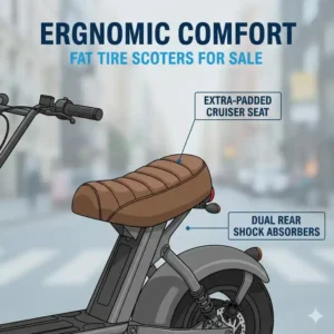 Detailed 3D render of the comfortable cruiser-style seat available on fat tire scooters for sale.
