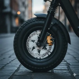 Detailed view of the dual hydraulic disc braking system on the best fat tire scooter for maximum safety.