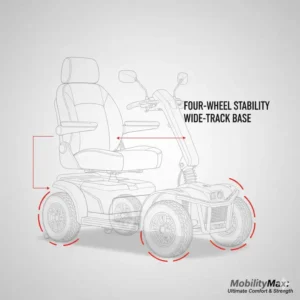 Top-down view showing the stable 4-wheel base design of a heavy-duty bariatric motorized scooter.