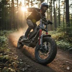 A rugged electric scooter with shocks being used on a bumpy dirt trail to show off-road capability.