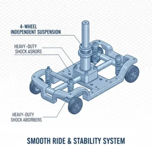 Advanced shock absorption system on a 4-wheel mobility scooter obese stability and safety features.