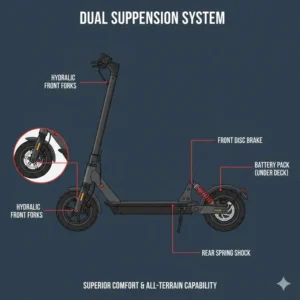 Technical 3D illustration of the full frame and internal suspension parts of an electric scooter with shocks.