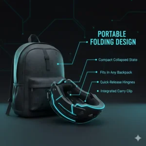 A portable and foldable electric scooter helmet for adults shown next to a travel backpack.