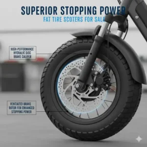 Illustration of the premium hydraulic disc brakes equipped on fat tire scooters for sale for maximum safety