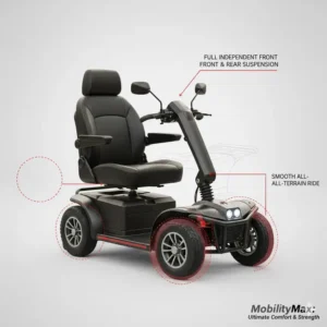 Cutaway graphic highlighting the advanced suspension system for a smooth ride on a bariatric motorized scooter.