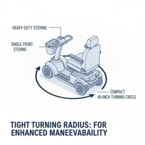 Graphic showing the tight turning radius of a specialized mobility scooter obese maneuverability