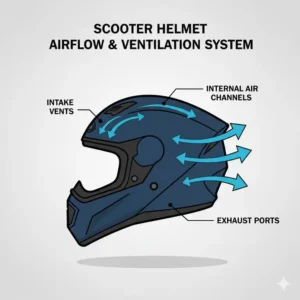 Technical drawing of a scooter helmet highlighting the internal air channels and ventilation system.