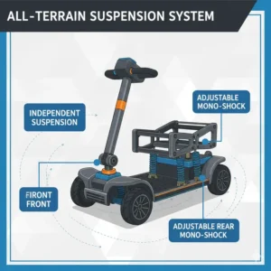 Technical drawing of the advanced suspension system found in the best heavy duty mobility scooter.