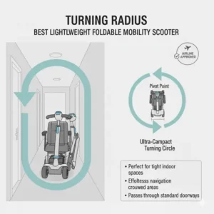 Illustration of the tight turning radius of the best lightweight foldable mobility scooter in a hallway.