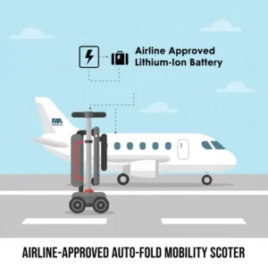 An auto fold mobility scooter shown next to an airplane to illustrate airline-approved travel features.