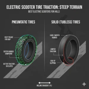 Detailed view of tire tread patterns designed to provide grip for the best electric scooters for hills.