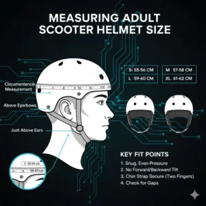 Graphic guide showing how to measure head circumference for the perfect electric scooter helmet for adults fit.