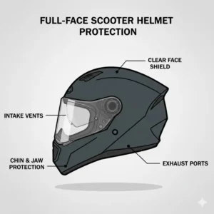 A modern full-face scooter helmet designed for maximum face and chin protection.