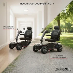 Illustration comparing the indoor and outdoor maneuverability of a versatile bariatric motorized scooter.