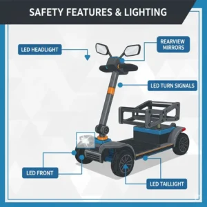 Safety features illustration showing LED headlights and mirrors of the best heavy duty mobility scooter.