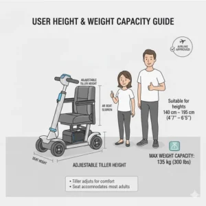 Diagram showing the maximum user weight capacity for the best lightweight foldable mobility scooter.