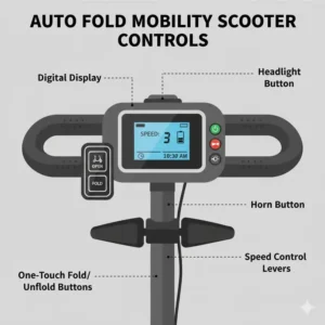 Detailed illustration of the tiller and digital dashboard on an auto fold mobility scooter.