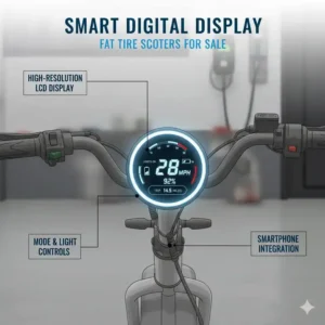 Modern digital LCD dashboard showing speed and battery status for fat tire scooters for sale.