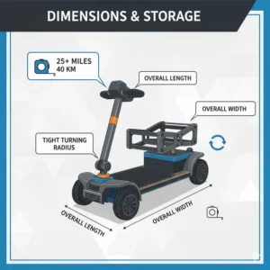 Blueprint-style illustration showing the exact dimensions and turning radius of the best heavy duty mobility scooter.
