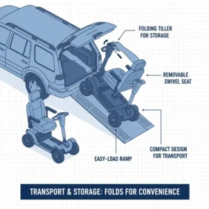 Demonstration of the folding mechanism for a portable mobility scooter obese vehicle transport.