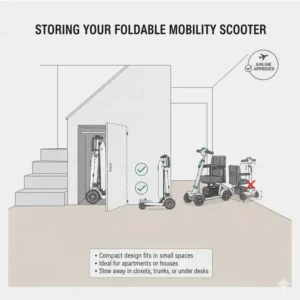 Illustration of the best lightweight foldable mobility scooter stored in a small home closet.