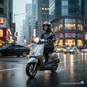 A rider navigating city streets while wearing one of the coolest scooter helmets.