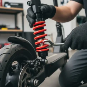 A mechanic demonstrating how to adjust the tension on an electric scooter with shocks for a personalized ride.