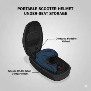 Illustration of a compact scooter helmet being stored inside a scooter under-seat compartment.