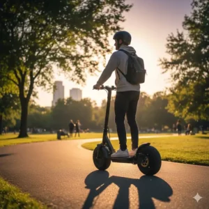 An active commuter riding the best fat tire scooter through a modern city park environment.