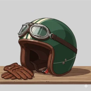 Retro green vintage design of the best scooter helmet with leather gloves.