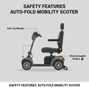 Infographic showing the anti-tip wheels and braking system of an auto fold mobility scooter.