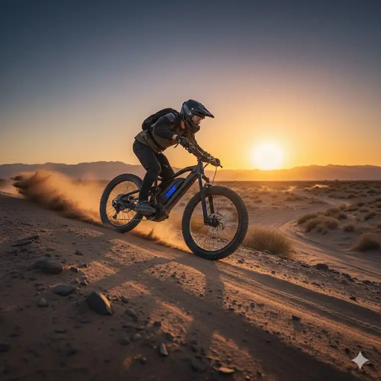 A high-performance awd ebike tackling a steep sandy hill with dual motors providing traction.