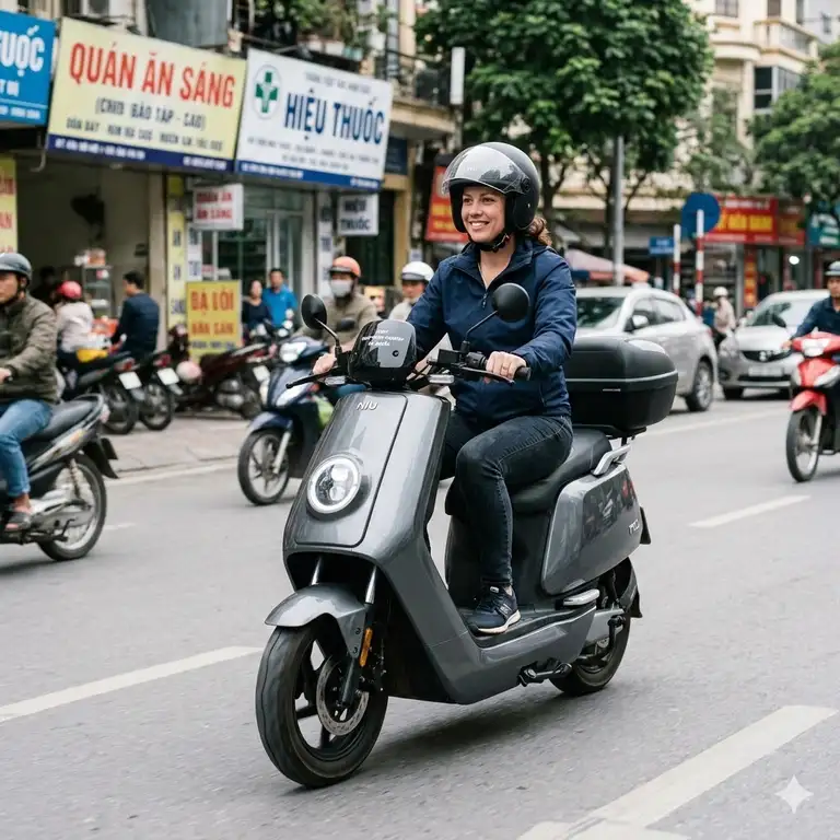 Adult riding the best motor scooter for adults on a paved city street.