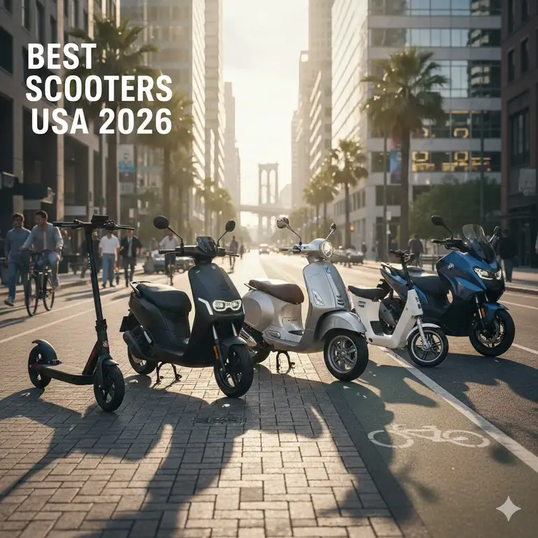 A diverse lineup of the best scooter in usa models parked on a sunny city street.