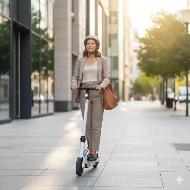 A professional woman commuting in the city on the best electric scooter for female riders.