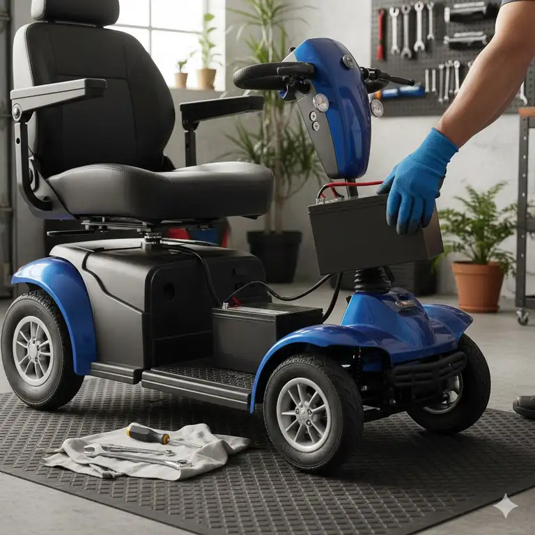 A technician showing how to replace mobility scooter battery in a workshop setting.