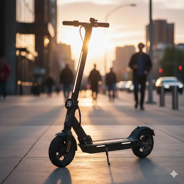 A premium electric scooter under 1000 parked on a modern city sidewalk during sunset.