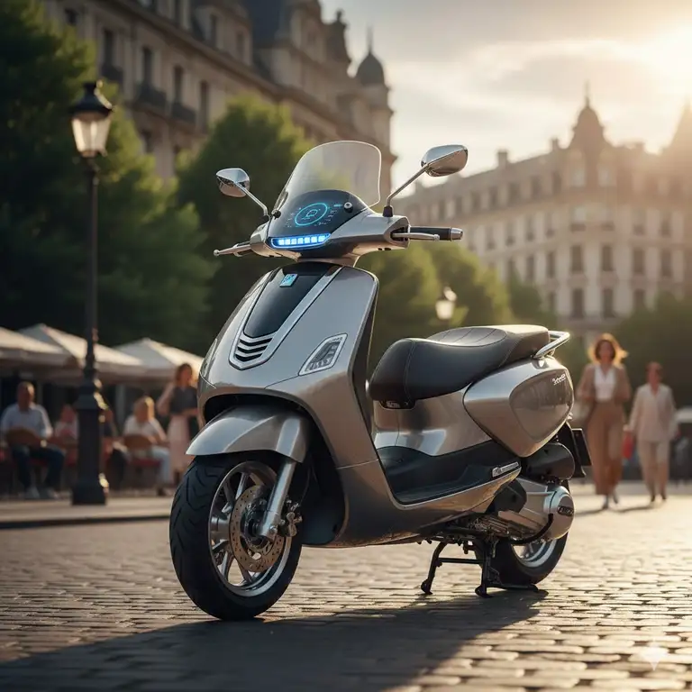 A premium silver scooter parked on a city street, showcasing the best motor scooter for urban travel.