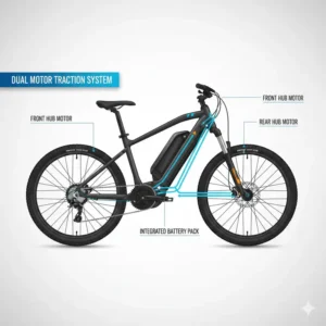 Technical diagram showing front and rear hub motors integrated into an awd ebike frame.