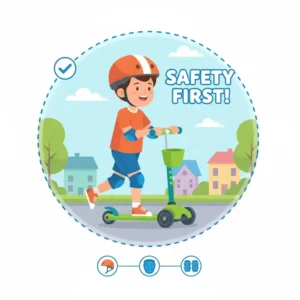 An illustration showing a beginner scooter rider wearing a helmet, knee pads, and elbow pads.