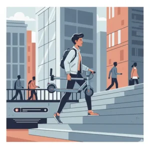 A woman easily carrying a lightweight and foldable best electric scooter for female users up the stairs.