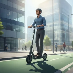 A man riding a stylish electric scooter under 1000 in a dedicated urban bike lane.