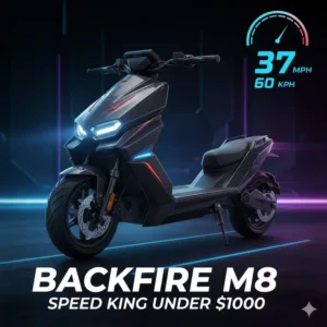 Detailed view of the Backfire M8, widely considered the fastest scooter under 1000 for speed enthusiasts.