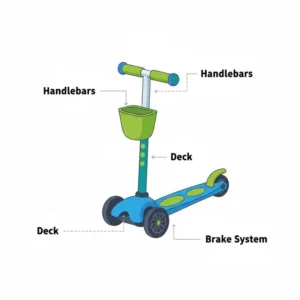 A labeled diagram of a beginner scooter highlighting the handlebars, deck, and brake system.