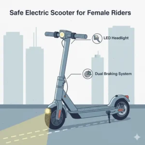 Detailed view of the safety lights and braking system on the best electric scooter for female safety.