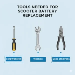 Essential tools required to replace mobility scooter battery including a screwdriver and wrench.